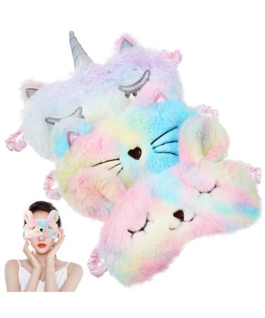3 Pieces Plush Sleeping Eye Cover Bunny Eye Blindfold Cat Fluffy and Furry Eye Sleep Cover Unicorn Sleeping Eye Shade Soft Funny for Kids Girls Adult Travel Home