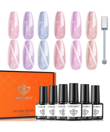 Modelones Holographic Glitter Cat Eye Gel Nail Polish Kit 6 Colors with Magnet Rainbow Pastel Gel Polish Soak Off Led Gel Nail Polish Set Nail Art Gel Manicure Salon DIY Gifts