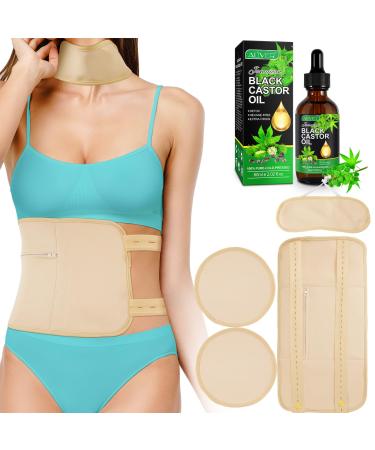 KLLALO Castor Oil Pack Reusable Organic Castor Oil Wrap Kit with Adjustable Elastic Straps Comfort Neck Waist Castor Oil Pack for Neck Relaxation Muscle Pain Nude Oil 60 ml