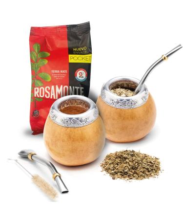 Balibetov Set with 2 Yerba Mate Gourd and 1 pack with 100g Yerba Mate - Yerba Mate Cup Argentina - 2 Mate Cups 2 Bombilla 1 cleaning brush 1 loose yerba mate bag (natural)