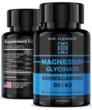Magnesium Glycinate 1500mg with Ashwagandha 300mg + Vitamin D3 10 000 IU & K2 (MK-7) 200mcg Stress Relief Calm Mood & Bone Support High Absorption Vegan Capsules Non-GMO