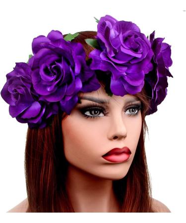 2 Pieces Hawaiian Stretch Rose Flower Headband for Women Girls Hairband Hair Floral Garland Crown Headpiece Wedding Festival Supplies (Set B-dark purple&colorful) - Buy Online on GoSupps.com