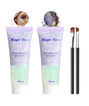 2 pieces body glitter gel mermaid sequin sparkling chunky glitter liquid gel for face hair lips glitter for festival glitter masquerade birthday makeup 2 white contains 2 brush
