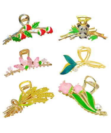 WODICO 6 Pcs Cute Flower Claw Clip for Hair - Made of Golden Metal Perfect for Thin or Thick Hair  Include Wheat  Tulip  Strawberry  Fish Tail  Panda  Butterfly & Flower Hair Clips for Women & Girls. 6pc-A