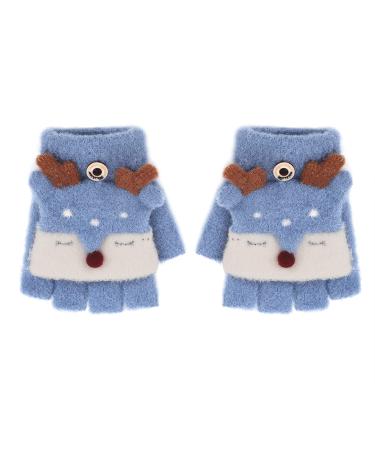 Toddler Kids Puppy Flip Top Short Knitted Half Finger Gloves for 3-8 Yrs Elk/Blue