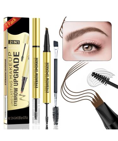 2pack New Eyebrow Pencil with Eyebrow Gel 2in1 Microblading Eyebrow Pen with 4 Tip Gel and Eyebrow Brush Effortlessly Creates Natural Looking Eyebrows Brown