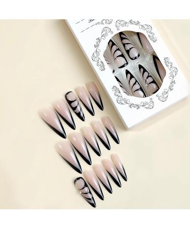 Buy MISUD Long Stiletto Press on Nails - Glossy Black French Tip Fake Nails with Rhinestones & Butterfly Design - 24 pcs Acrylic Nail Set - Fast International Shipping - Buy Online on GoSupps.com