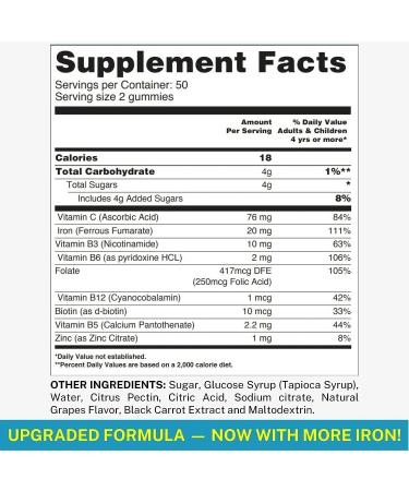 Iron Gummies with Vitamin C, B Complex, Biotin & Zinc - 100 Chewable Gummies for Adults - Buy Online on GoSupps.com