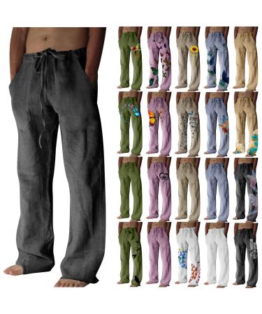 Dgoopd Men's Cotton Linen Pants Casual Elastic Waist Drawstring Pants Straight Leg Yoga Pants Lightweight Summer Beach Pants Dark Gray Cotton Linen Solid Pants XX-Large
