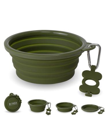 Bonza Large foldable dog bowl 1000 ml stable reinforced edge including carabiner & water bottle holder Key trailer moss green Moss Green Large