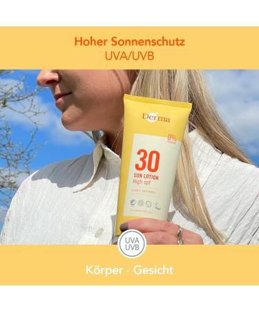 DERMA Sun Lotion SPF30 for Face and Body | Non-Greasy & Waterproof | Moisturising Sun Protection UVA-UVB with Vitamin E and Natural Oils | Fragrance-Free for Sensitive Skin | 200 ml - Buy Online on GoSupps.com