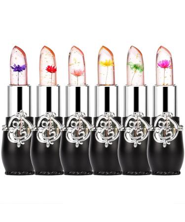 firstfly Pack of 6 Crystal Flower Jelly Lipstick Long Lasting Nutritious Lip Balm Lips Moisturizer Magic Temperature Color Change Lip Gloss (Black)