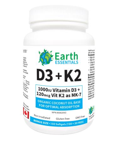 Earth Essentials Vitamin D (1000 IU) + Vitamin K2 (120 mcg) BONUS SIZE - 150 Softgels (120 + 30 FREE)