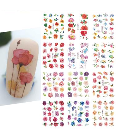 Flower Nail Art Stickers Decals Blooming Flower Designs Water Transfer Summer Sliders Chrysanthemum Peony Butterfly Design for Manicure 12 Sheets