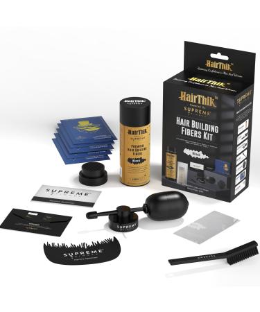 Hair Building Fibers 8-in-1 Kit | includes 25G Keratin Fibers Pump Nozzle 2 Hairline Cards S&L Shaker Brush Wipes Mirror | Conceal Thicken Thinning Balding Hair | Men & Women (Black) Black Kit