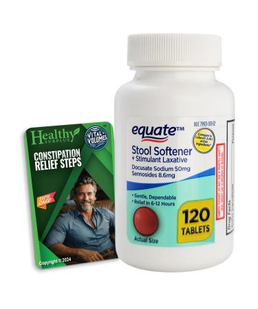 Healthy Surplus Equate Stool Softener Docusate Sodium 50mg Sennosides 8.6mg Laxative - 120 Tablets and Vital Volumes Constipation Stips Guide Bundle