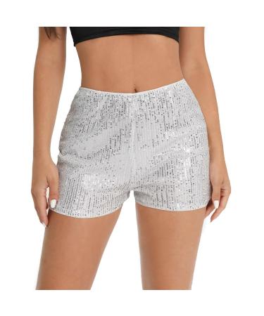 Duohropke women metallic hot pants sequins glitter shorts with high waist sexy short trousers shorts for dance sport disco costume carnival carnival l white