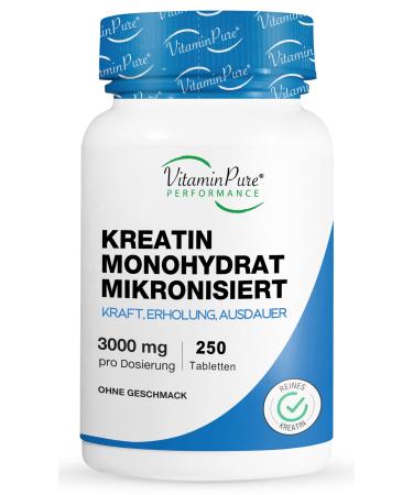 Vitaminpure Creatin Monohydrate micronizes 3000mg - 250 tablets - pure creatine for strength relaxation & endurance - Creatin capsules pre workout