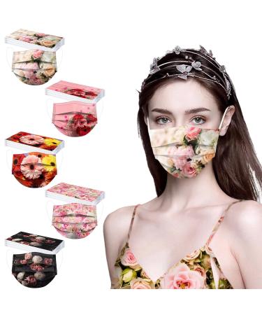 50Pcs Disposable Floral Face_Masks with Designs 3-Ply Breathable Flower Face_Mask with Nose Wire Facemasks for Women (Floral-J)