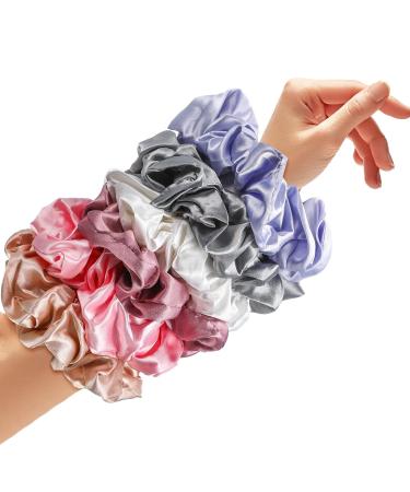 6-Piece Oversized Satin Hair Tie Set - Soft Silk Elastic Ponytail Holders for Girls in Champagne White Silver Gray Light Pink Bean Red Light Blue - Buy Online on GoSupps.com