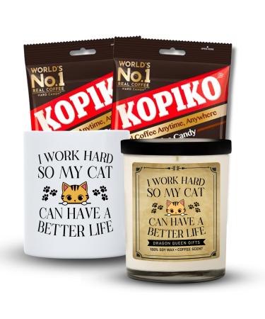 Dragon Queen Gifts Gifts for Cat Lovers Cat Stuff for Cat Lovers Bundle comes with I Work Hard So My Cat Can Have A Better Life Coffee Mug Coffee Candle Kopiko Coffee & Kopiko Cappuccino Candy Set Coffee Scent I Work Hard So My Cat Can Have A Better Life
