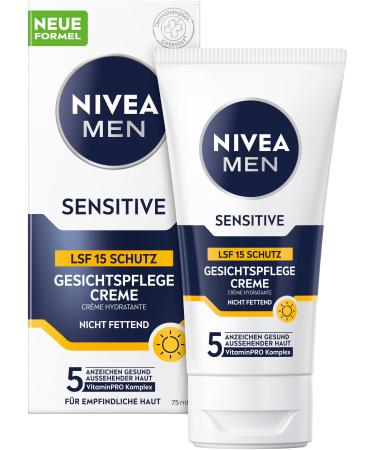 Nivea men sensitive facial care cream with SPF 15 24h moisturizer cream for sensitive men's skin soothing face cream for relieving skin irritation (75 ml) Modern 77 ml (1 Pack)
