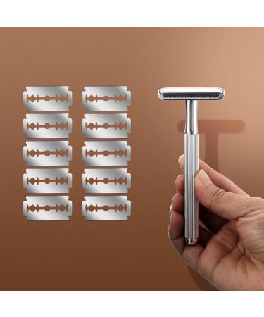 Eco-Friendly Safety Razor for Men - Zero Waste Metal Razor with 10 Blades | Chrome Silver Design - Buy Online on GoSupps.com