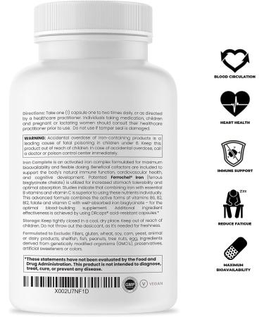 Iron Complete 120 Vegan Capsules | Blood Building Supplement with Ferrochel | Non Constipating Formula with VIT C, Folate & B Vitamins | Lab Tested & Non GMO - Buy Online on GoSupps.com