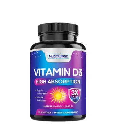 Vitamin D3 High Potency 5000 IU (125 mcg) Bone Teeth Muscle & Immune Health Support Non-GMO Gluten-Free 2 Month Supply in Rapid-Release High Absorption Vitamin D Easy to Swallow 60 Softgels