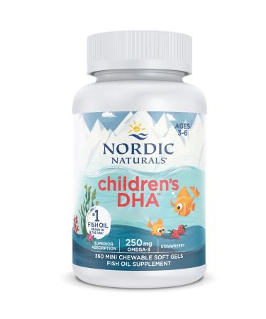 Nordic Naturals Children's DHA 250mg Omega-3 Cod Liver Oil Strawberry Flavor with EPA & DHA 360 Soft Capsules Lab Tested Soy Free Gluten Free Non-GMO