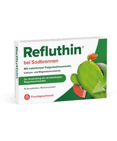 Refluthin at heartburn |16 chewing tablets with fruit taste |Medical product |Reflux - complaints & heartburn |Neutralized excess stomach acid |Vegan & gluten -free |Heartburn tablets fruit 16 pieces (1 pack)