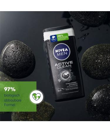 Nivea Men Active Clean Shower Gel (250ml) - Natural Activated Charcoal Formula for Body, Face, and Hair - Refreshing and Biodegradable - Buy Online on GoSupps.com