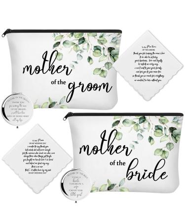 Coume 6 Pack Mother of the Groom Mother of the Bride Cosmetic Bag Wedding Gifts Mother of Bride and Groom Makeup Mirror Mom Handkerchief for Mother and Mom in Law for Engagement Favor (Leaves)