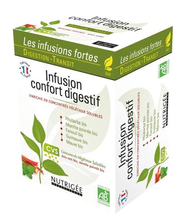 NUTRIG E - Organic Digestive Comfort Infusion - Triple Action - Digestion Transit & Bloating - Peppermint Fennel Purple Marshmallow Rhubarb - Rich in Soluble Plant Concentrates - 30 Sachets