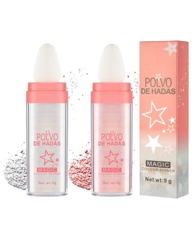 Highlighter Powder Stick Makeup 2Pcs Polvo De Hadas Body Glitter Shimmer Highlighter Powder High Gloss Blush Contour Powder Makeup Shine Face Powder Blush for Face Eyes Lips Hair Body Glow (White  Pink)