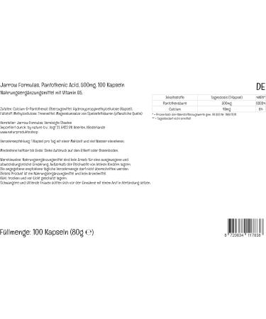 Jarrow Formulas Pantothenic Acid 500mg Vitamin B5 - 100 Vegan Capsules | Lab Tested, Gluten-Free, Non-GMO - Buy Online on GoSupps.com