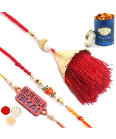 Ghasitaram Gifts Rakhi for Brother Rakhis Online - Set of 3 Bong of Blessings Bhaiya Bhabhi Rakhi and Selfiewala Bhai Kids Rakhi with 100 GMS of Dryfruits Mix Can