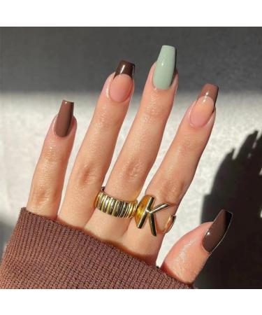 JUSTOTRY 24 Pcs Fake Nails Long Coffee Brown French Press on Nails Patterns Pretty Nude Ballerina Stick on Nails for Women Acrylic Coffin False Nails Medium with Glue for Nail Art Brown & coffin1