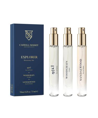Caswell-Massey Explorer Cologne Discovery Set Includes 2571 Woodgrain & Sandalwood Indulge in Enduring American Scents Travel Size Cologne Set Cologne for Men 0.25 Fl Oz Each Explorer Trio 0.75 Fl Oz (Pack of 1)