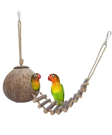 Niteangel 100% Natural Coconut Hideaway with Ladder, Bird and Small Animal Toy House with Ladder Smooth Surface