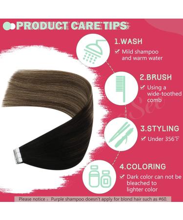 YoungSee 12 Ombre Tape in Human Hair Extensions - Natural Black to Dark Brown with Blonde - Remy Seamless Tape ins for Short Hair - 30g 20pcs - Pack of 1 - Buy Online on GoSupps.com