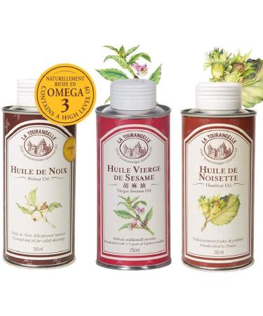 La Tourangelle - Set of 3 Gourmet Oils: Walnut Oil, Hazelnut Oil, Virgin Sesame Oil, Ideal for Your Everyday Recipes - 3 x 250 ml