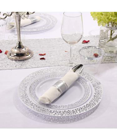 LLSF 210 Piece Silver Plastic Dinnerware Set - Disposable Plates, Cups, Napkins, and Cutlery for Wedding and Party - Buy Online on GoSupps.com