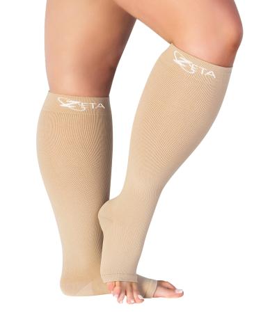 Zeta Wear Compression Stockings Thick Calves Women Comfortable Support Swelling Large Cuffs Open Toe Beige 2XL