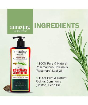 AmazingOrganics 100% Pure Organic Rosemary and Castor Oil - Cold-Pressed for Healthy Hair, Skin, Nails, Eyebrows, and Eyelashes - 250ml - Buy Online on GoSupps.com