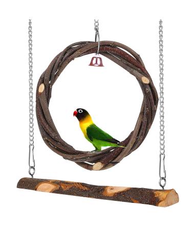 POPETPOP Bird Swing 2 Packs Parrot Swing Wooden Bird Swing Toy with Bell Hanging Swing Ring for Budgie Parakeet Cockatiel