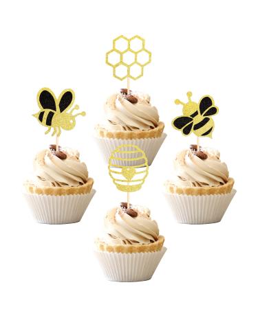 36 PCS Bumble Bee Cupcake Toppers Glitter Bee Gender Reveal Honeycomb Cupcake Picks Baby Shower Birthday Party Cake Decorations Supplies