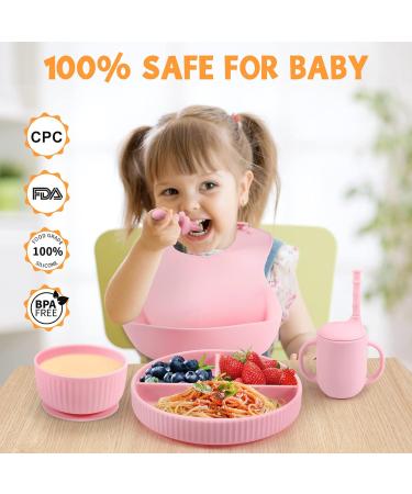 Baby Feeding Set - Silicone Bib, Suction Divided Bowl, Spoon & Fork - Toddler Utensils - Pink (6 Months) | Baby Led Weaning Supplies - Buy Online on GoSupps.com