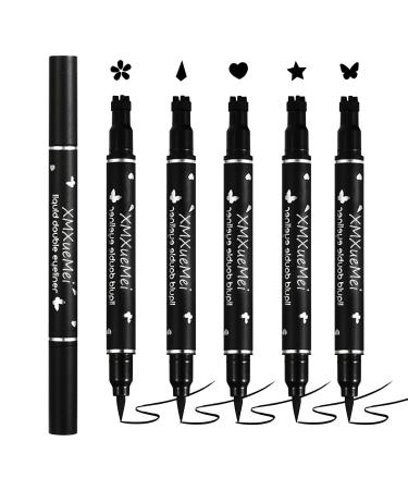 Double Side Liquid Winged Eyeliner Stamp Smudge Proof Waterproof Eyeliner Pen Set Long-Lasting Eye Liner Face Makeup Star Flowers Hearts Triangle Black Eyeliner Stamp Pencil(5PCS)