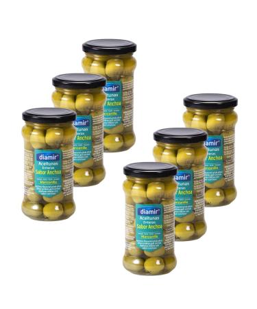 Lot of 6x Whole green olives with anchovy flavor - 300g jar